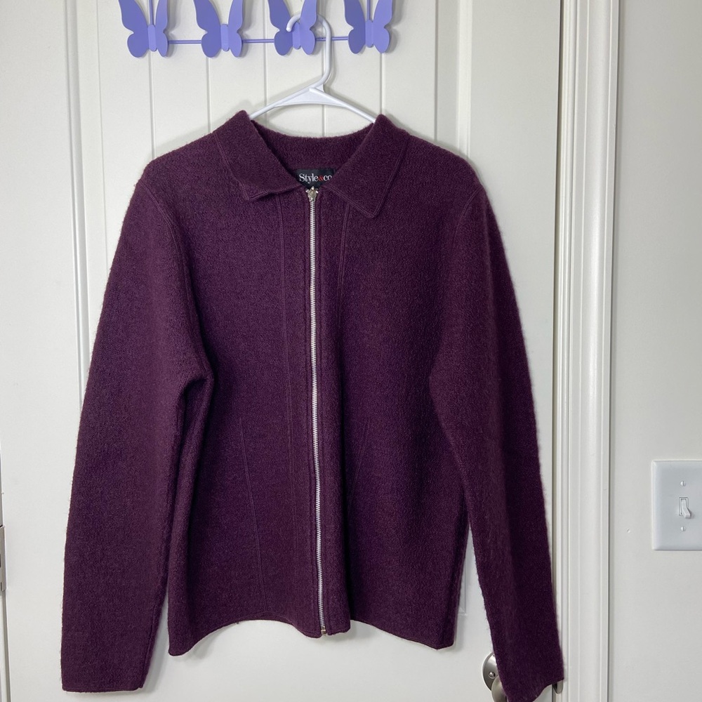EUC Style & Co women’s deep purple soft 100% wool full zip collared jacket large